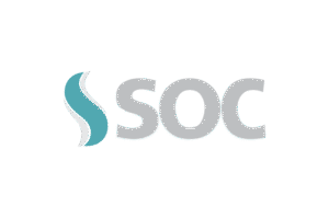 Logotipo SOC relacionado à certificação ISO 27001, destacando a transformação digital segura da AGE Technology.
